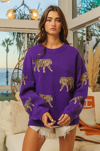 BiBi Tiger Pattern Long Sleeve Sweater Trendsi