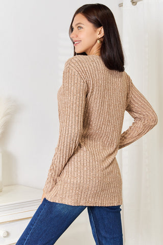 Double Take Notched Neck Ribbed Long Sleeve T-Shirt Trendsi