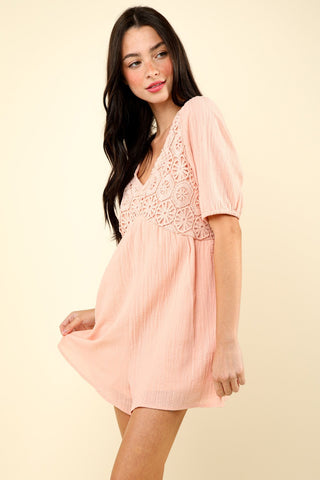 VERY J Lace Detail Puff Sleeve Romper with Pockets Trendsi