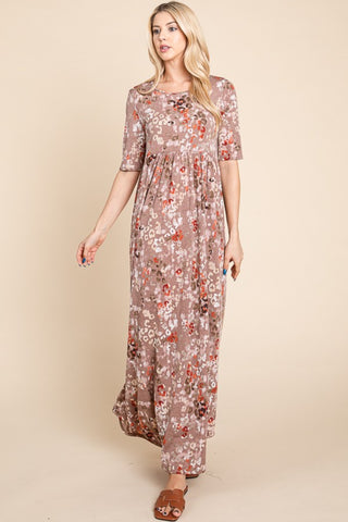 BOMBOM Printed Shirred Maxi Dress Trendsi