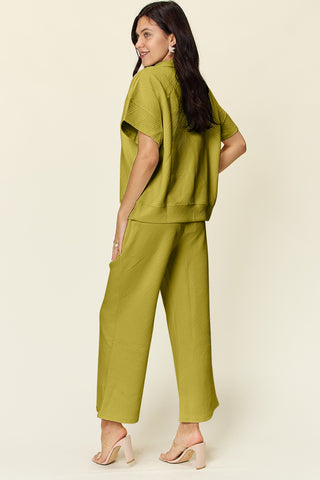 Double Take Full Size Texture Half Zip Short Sleeve Top and Pants Set Trendsi