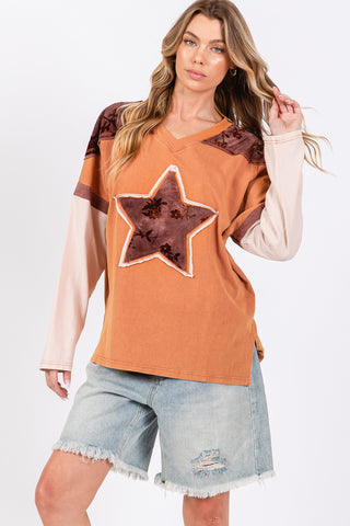 SAGE + FIG Star Patch Long Sleeve Color Block T-Shirt Trendsi