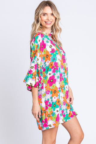 GeeGee Full Size Floral Round Neck Lantern Sleeve Mini Dress Trendsi