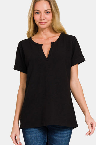 Zenana Notched Short Sleeve Waffle T-Shirt Trendsi