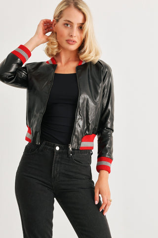 Comme PU Leather Baseball Collar Long Sleeve Jacket Trendsi