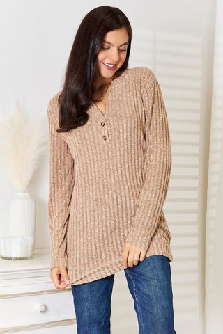 Double Take Notched Neck Ribbed Long Sleeve T-Shirt Trendsi