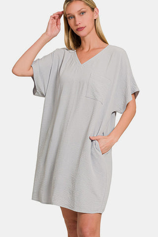 Zenana V-Neck Tee Dress with Pockets Trendsi