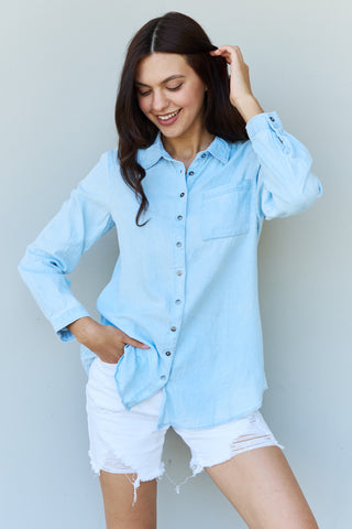 Doublju Blue Jean Baby Denim Button Down Shirt Top in Light Blue Trendsi