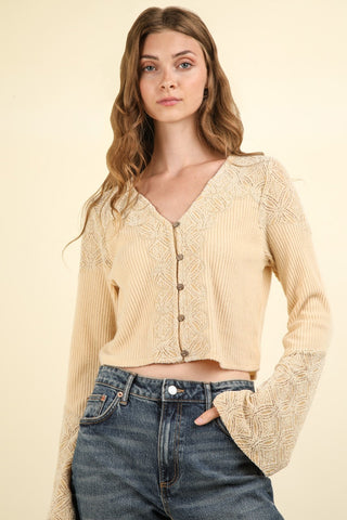 VERY J V-Neck Lace Detail Button Down Crop Ribbed Knit Top Trendsi