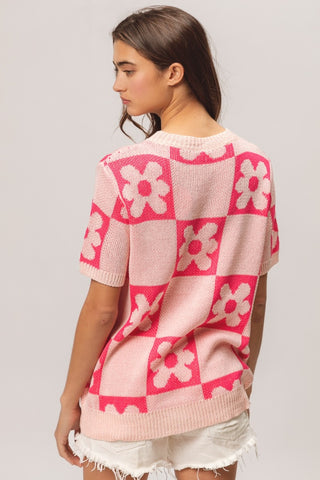 BiBi Flower Checker Pattern Short Sleeve Sweater Trendsi