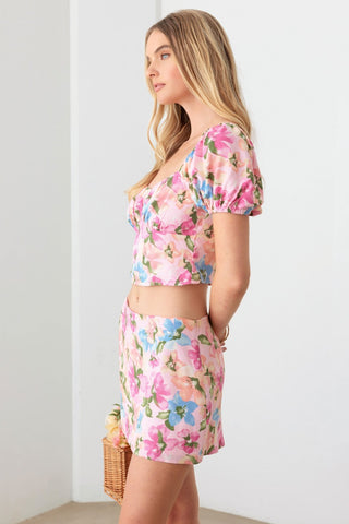 Le Lis Floral Puff Sleeve Crop Top and Mini Skirt Set Trendsi