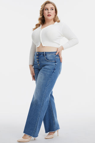 BAYEAS Full Size High Waist Button-Fly Raw Hem Wide Leg Jeans Trendsi