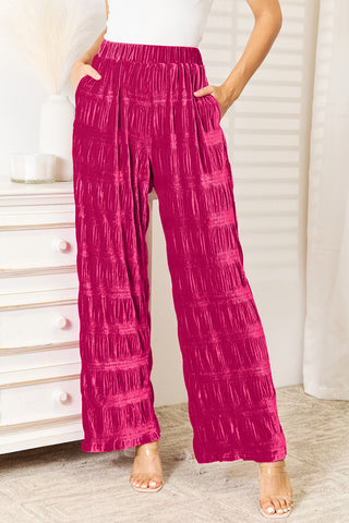 Double Take Full Size High Waist Tiered Shirring Velvet Wide Leg Pants Trendsi