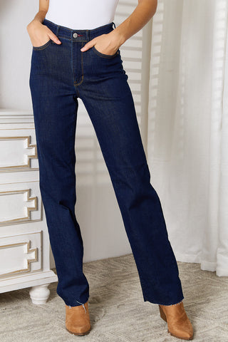 Judy Blue Full Size Raw Hem Straight Leg Jeans with Pockets Trendsi