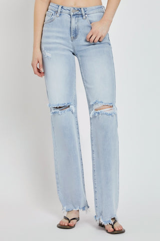 RISEN Full Size High Rise Distressed Wide Leg Jeans Trendsi