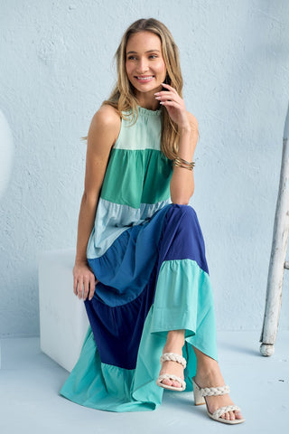 Hailey & Co Color Block Sleeveless Tiered Maxi Dress Trendsi