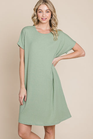 BOMBOM Ribbed Round Neck Short Sleeve Dress Trendsi