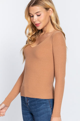 ACTIVE BASIC V-Neck Fitted Viscose Rib Knit Top Trendsi