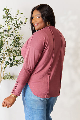 Culture Code Full Size V-Neck Exposed Seam Long Sleeve Blouse Trendsi