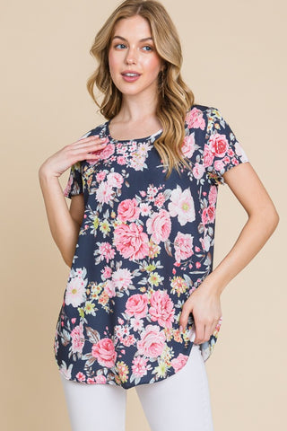 BOMBOM Floral Round Neck Short Sleeve T-Shirt Trendsi