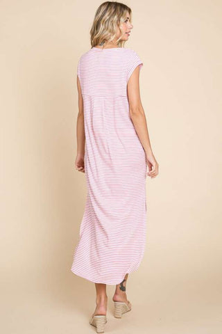 Culture Code Full Size Striped V-Neck Slit Dress with Pockets Trendsi