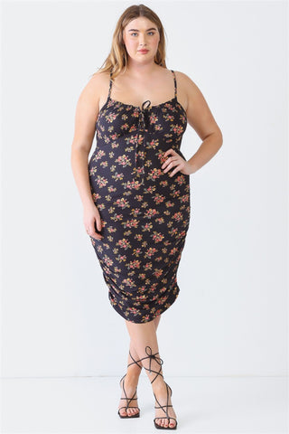 Blue Leopard Plus Size Ruched Floral Square Neck Cami Dress Trendsi