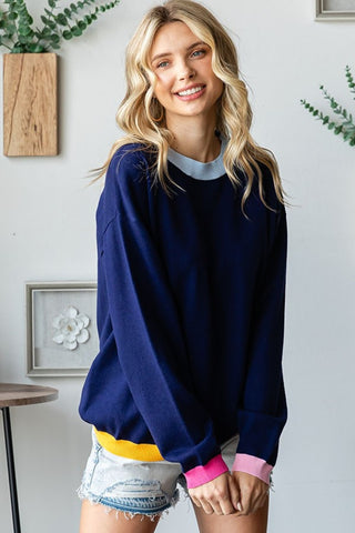 First Love Contrast Ribbed Round Neck Long Sleeve Sweater Trendsi