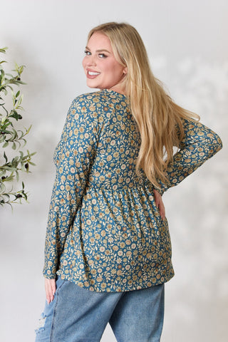 Heimish Full Size Floral Half Button Long Sleeve Blouse Trendsi