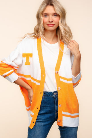 Haptics V Neck Button Down Letter Patch Cardigan Trendsi