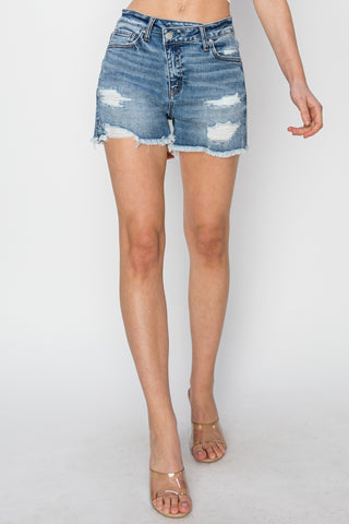 RISEN Stepped Waist Frayed Denim Shorts Trendsi