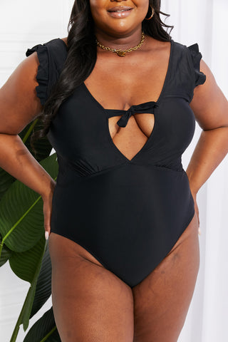 Marina West Swim Seashell Ruffle Sleeve One-Piece in Black Trendsi