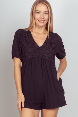 VERY J Lace Detail Puff Sleeve Romper with Pockets Trendsi