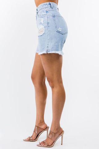 American Bazi High Waist Distressed Raw Hem Denim Shorts Trendsi