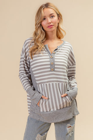 BiBi Striped Thumbhole Long Sleeve Top Trendsi