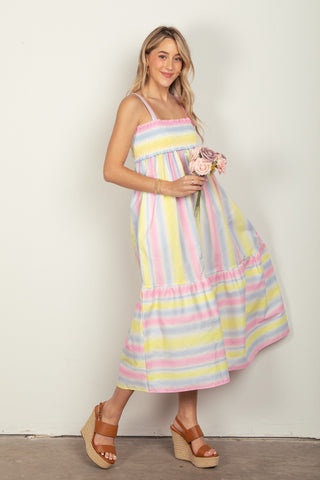 VERY J Striped Woven Smocked Midi Cami Dress Trendsi