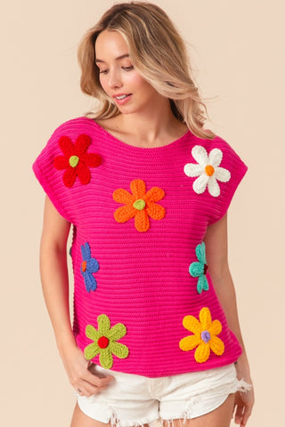 BiBi Flower Round Neck Cap Sleeve Knit Top Trendsi