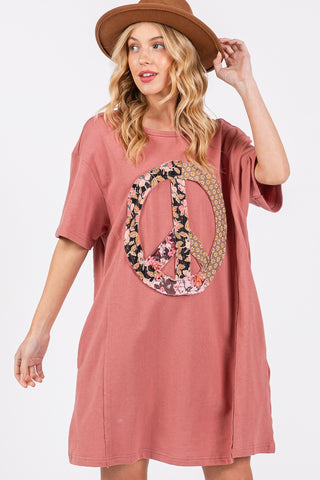 SAGE + FIG Full Size Peace Sign Applique Short Sleeve Tee Dress Trendsi