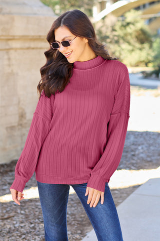 Basic Bae Full Size Ribbed Exposed Seam Mock Neck Knit Top Trendsi