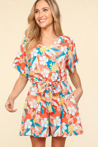 Haptics Tropical Floral Short Sleeve Tied Romper Trendsi