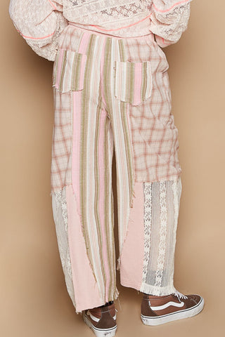 POL Drawstring Plaid Print Lace Straight Pants Trendsi