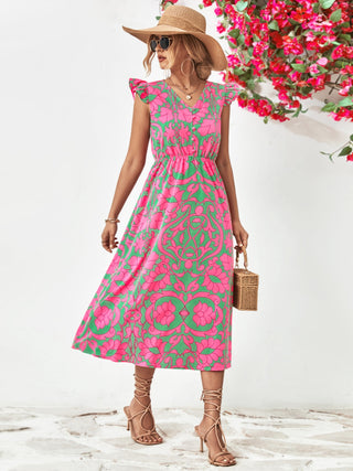 Printed V-Neck Cap Sleeve Dress Trendsi