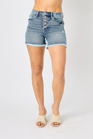 Judy Blue Full Size Button Fly Raw Hem Denim Shorts Trendsi