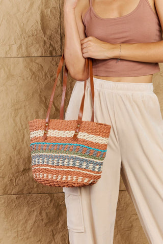 Fame By The Sand Straw Braided Striped Tote Bag Trendsi