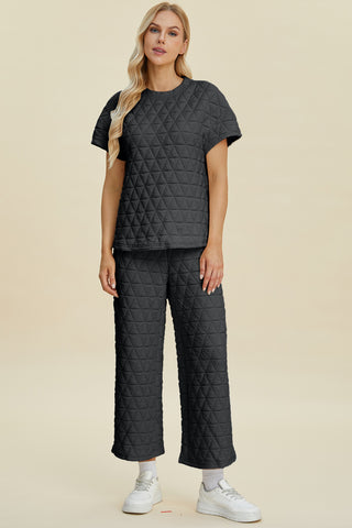 Double Take Full Size Texture Round Neck Short Sleeve Top and Pants Set Trendsi