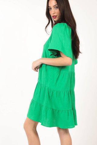 VERY J Texture V-Neck Ruffled Tiered Dress Trendsi