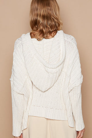 POL Rib Weave Sleeves Hooded Cable Knit Sweater Trendsi