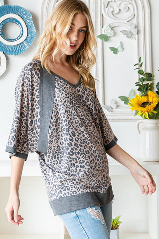 Heimish Full Size Leopard Contrast V-Neck Half Sleeve T-Shirt Trendsi