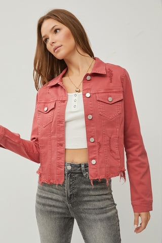 RISEN Raw Hem Button Up Cropped Denim Jacket Trendsi