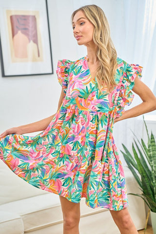 First Love Ruffled Printed Notched Cap Sleeve Dress Trendsi