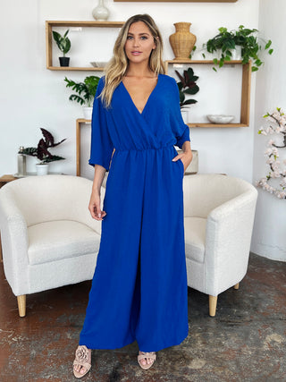 Double Take Full Size Surplice Wide Leg Jumpsuit with Pockets Trendsi